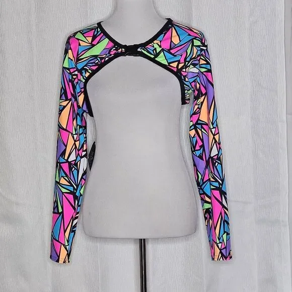 Rolita Couture Bold Colorful Neon Stained Glass Print Festival Buckle Crop Top - Picture 6 of 14